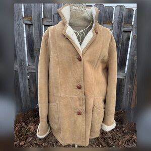 Vintage Overland Sheepskin Sherpa Coat Jacket Women’s XL | Tan Suede | 2000s